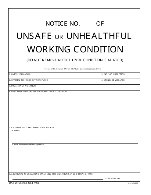 DA Form 4753 Notice of Unsafe or Unhealthful Working Condition