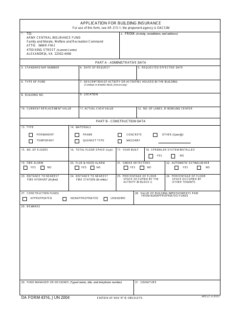 DA Form 4316  Printable Pdf