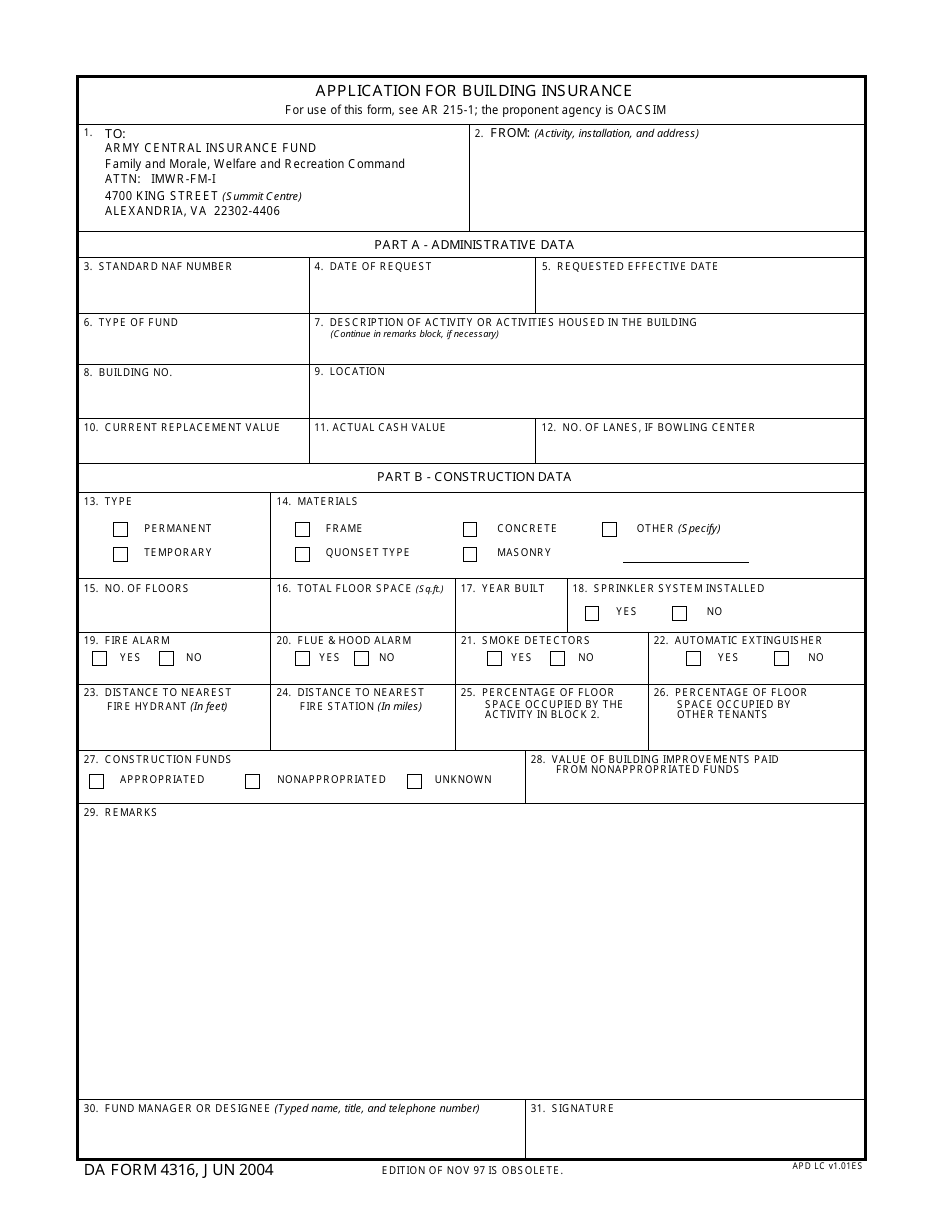 DA Form 4316 Application for Building Insurance, Page 1