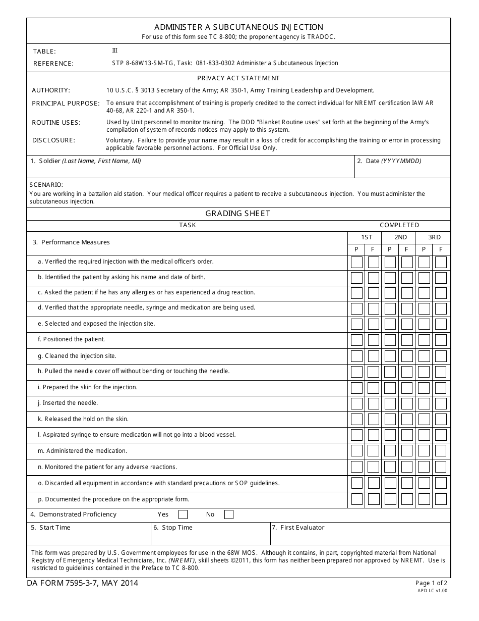 DA Form 7595-3-7 Administer a Subcutaneous Injection, Page 1