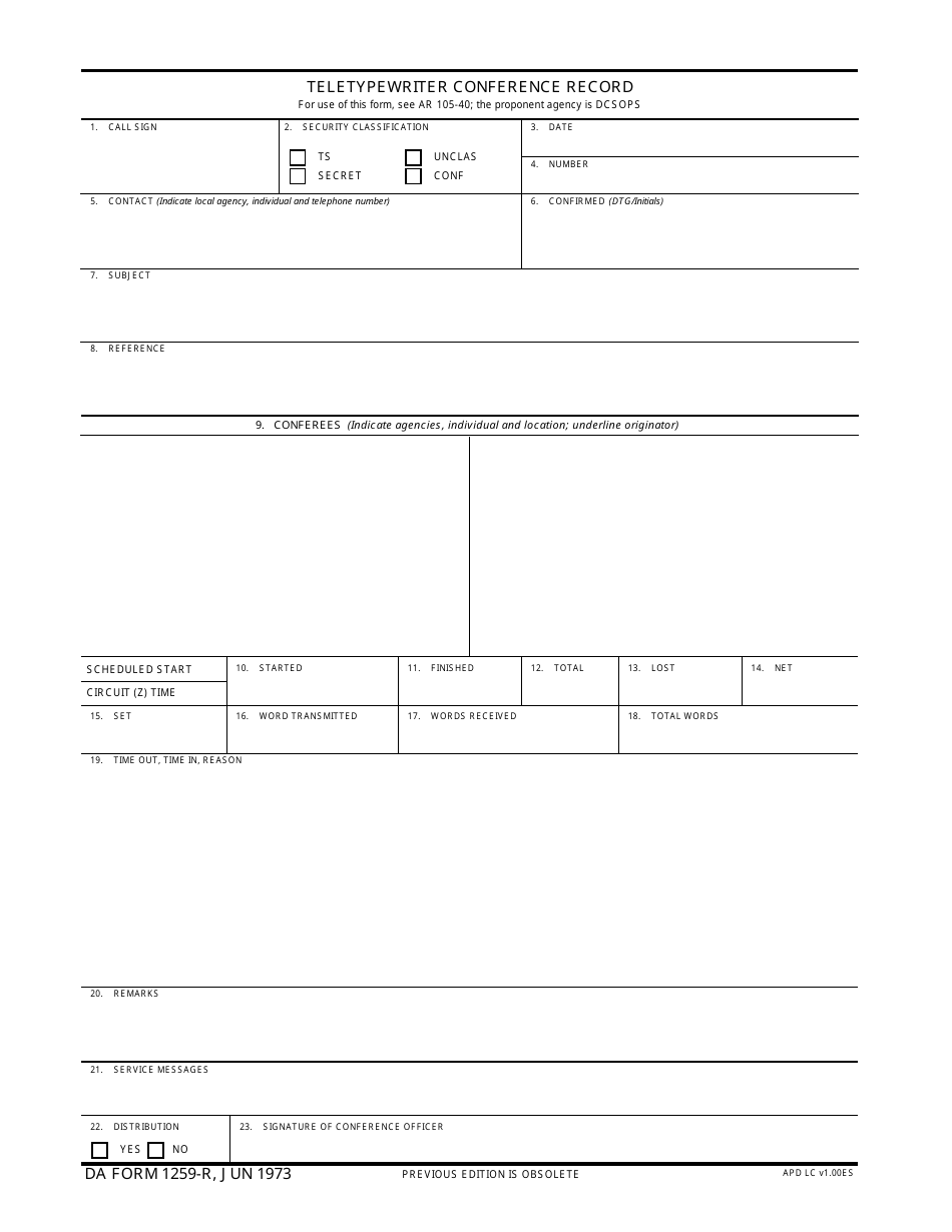 DA Form 1259-R Teletypewriter Conference Record, Page 1