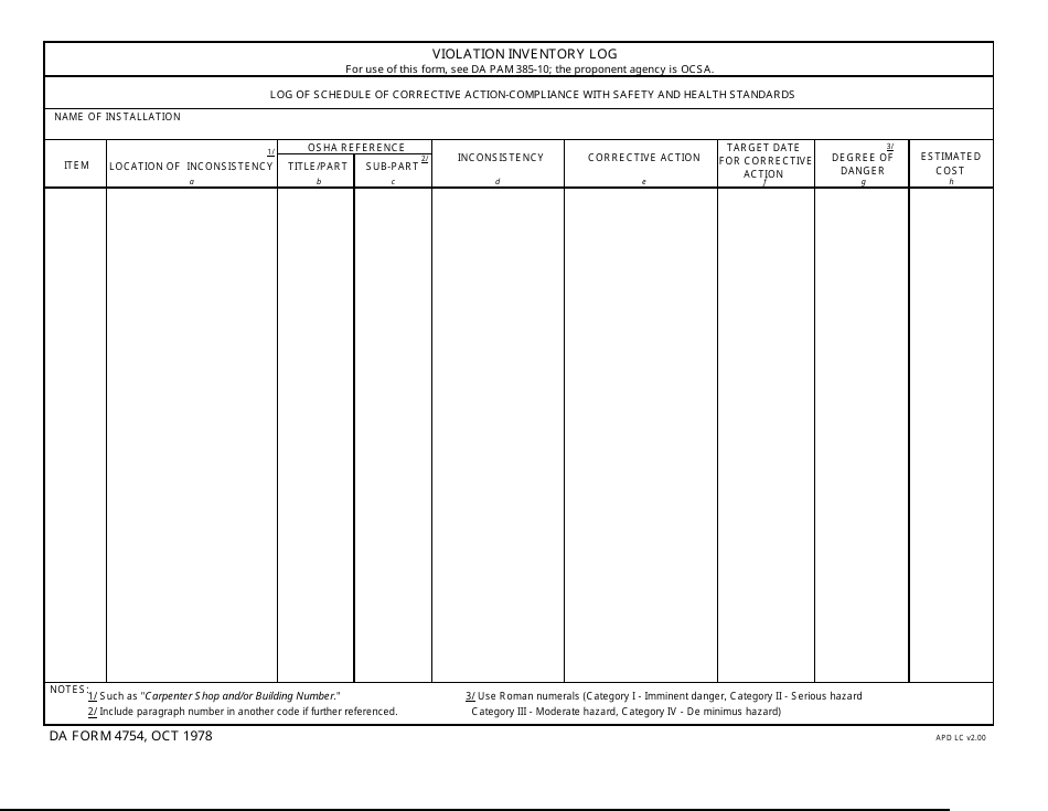DA Form 4754 Violation Inventory Log, Page 1