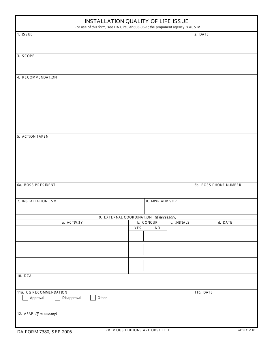 DA Form 7380 Installation Quality of Life Issue, Page 1