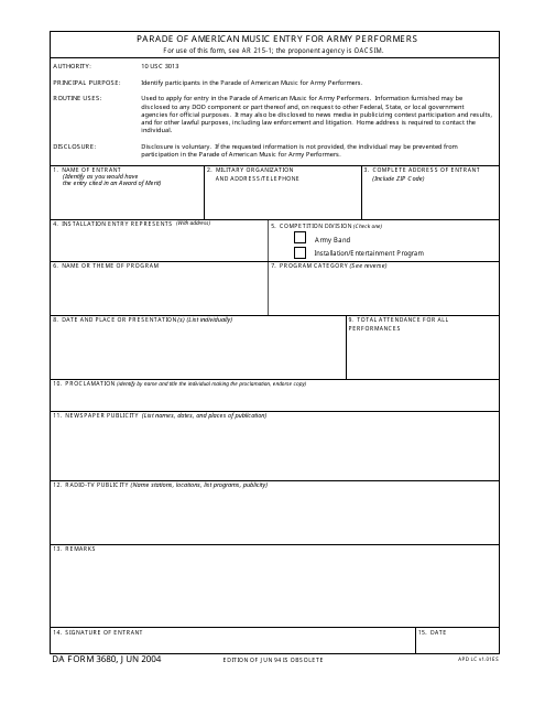 DA Form 3680  Printable Pdf