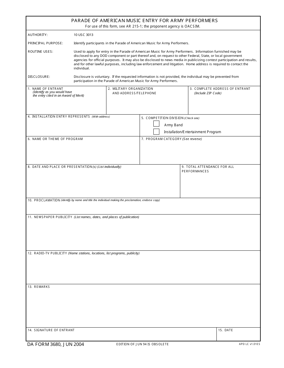 DA Form 3680 Parade of American Music Entry for Army Performers, Page 1