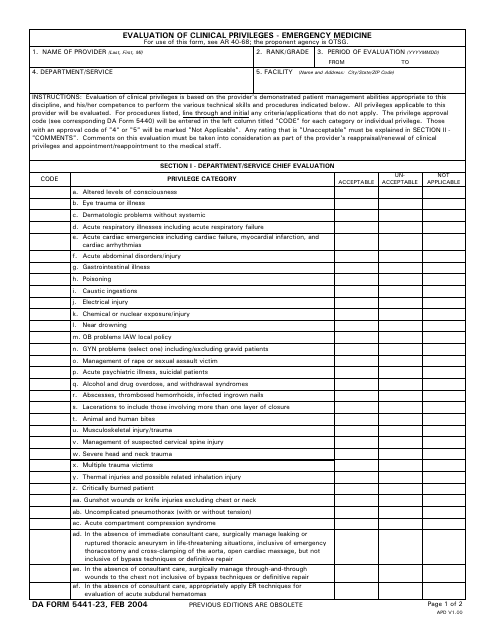 DA Form 5441-23 Evaluation of Clinical Privileges - Emergency Medicine