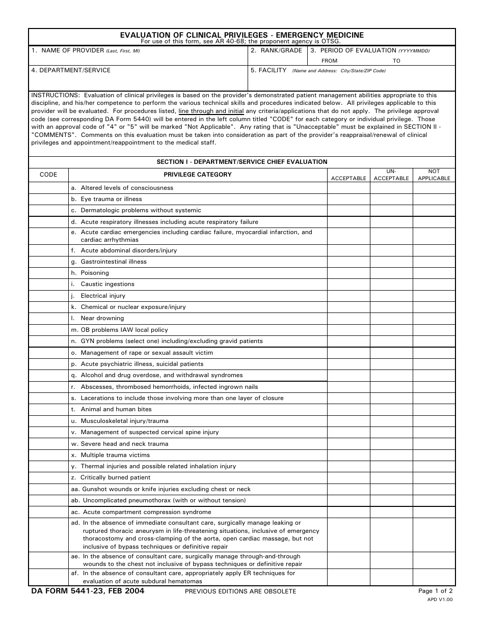 DA Form 5441-23 Evaluation of Clinical Privileges - Emergency Medicine, Page 1
