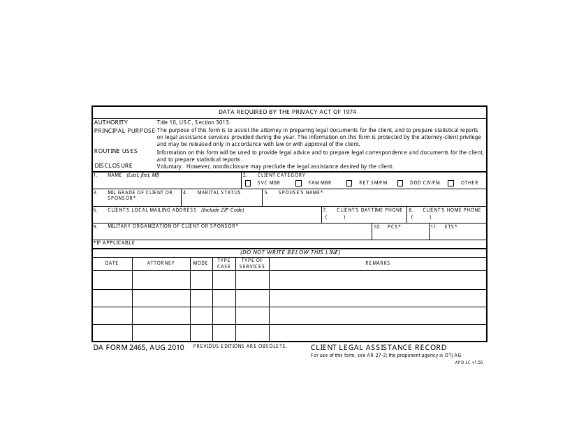 DA Form 2465  Printable Pdf