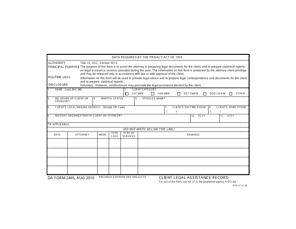 DA Form 2465 Client Legal Assistance Record, Page 1