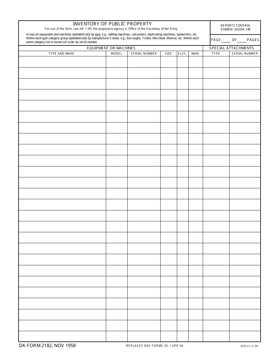 DA Form 2182 Inventory of Public Property, Page 1