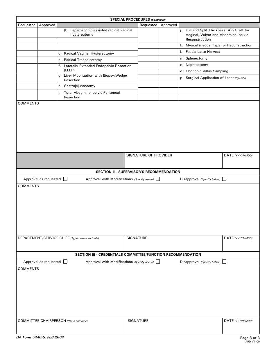 DA Form 5440-5 Delineation of Clinical Privileges-Obstetrics and Gynecology, Page 3