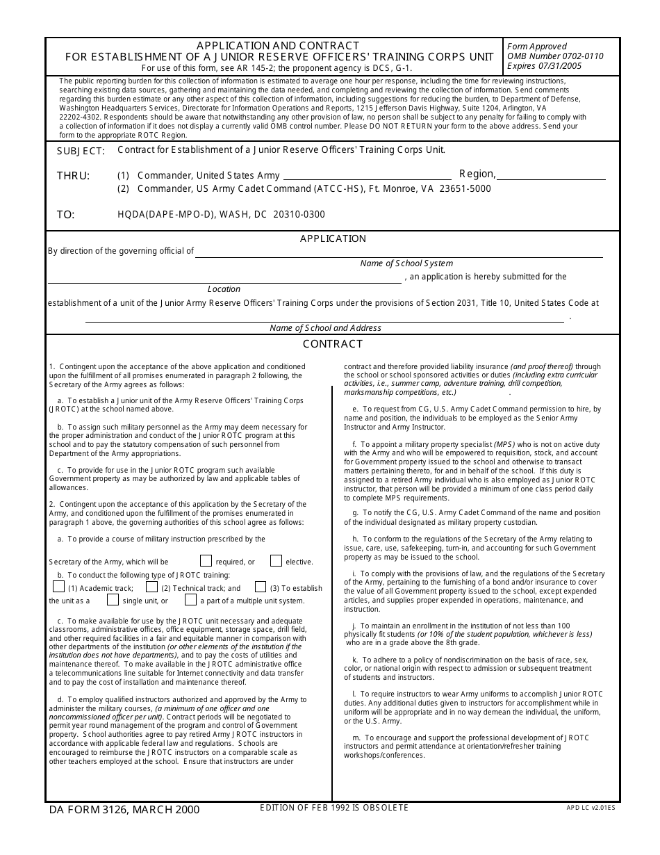 DA Form 3126 Application and Contract for Establishment of a Junior Reserve Officers Training Corps Unit (Si, HQDA, Attn: Tapc-Opp-P, 200 Stovall St., Alexandria, VA 22332-0418), Page 1