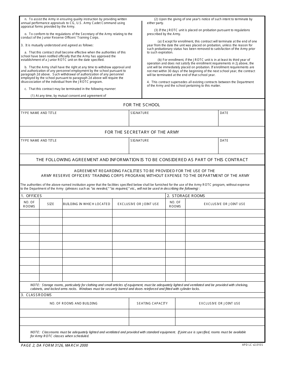 DA Form 3126 Application and Contract for Establishment of a Junior Reserve Officers Training Corps Unit (Si, HQDA, Attn: Tapc-Opp-P, 200 Stovall St., Alexandria, VA 22332-0418), Page 2