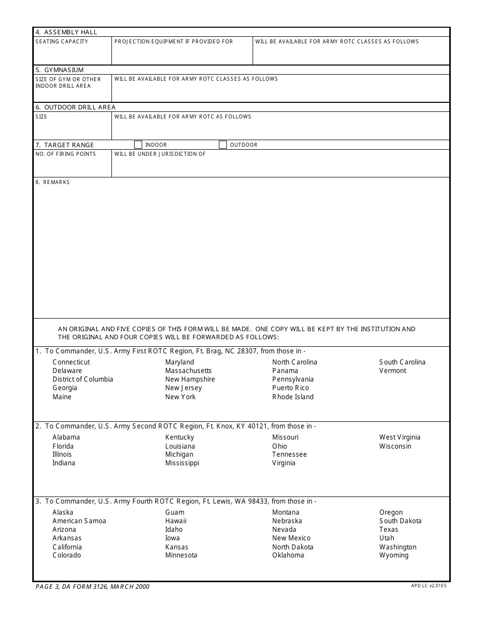 DA Form 3126 Application and Contract for Establishment of a Junior Reserve Officers Training Corps Unit (Si, HQDA, Attn: Tapc-Opp-P, 200 Stovall St., Alexandria, VA 22332-0418), Page 3