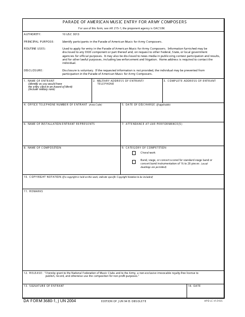 DA Form 3680-1  Printable Pdf