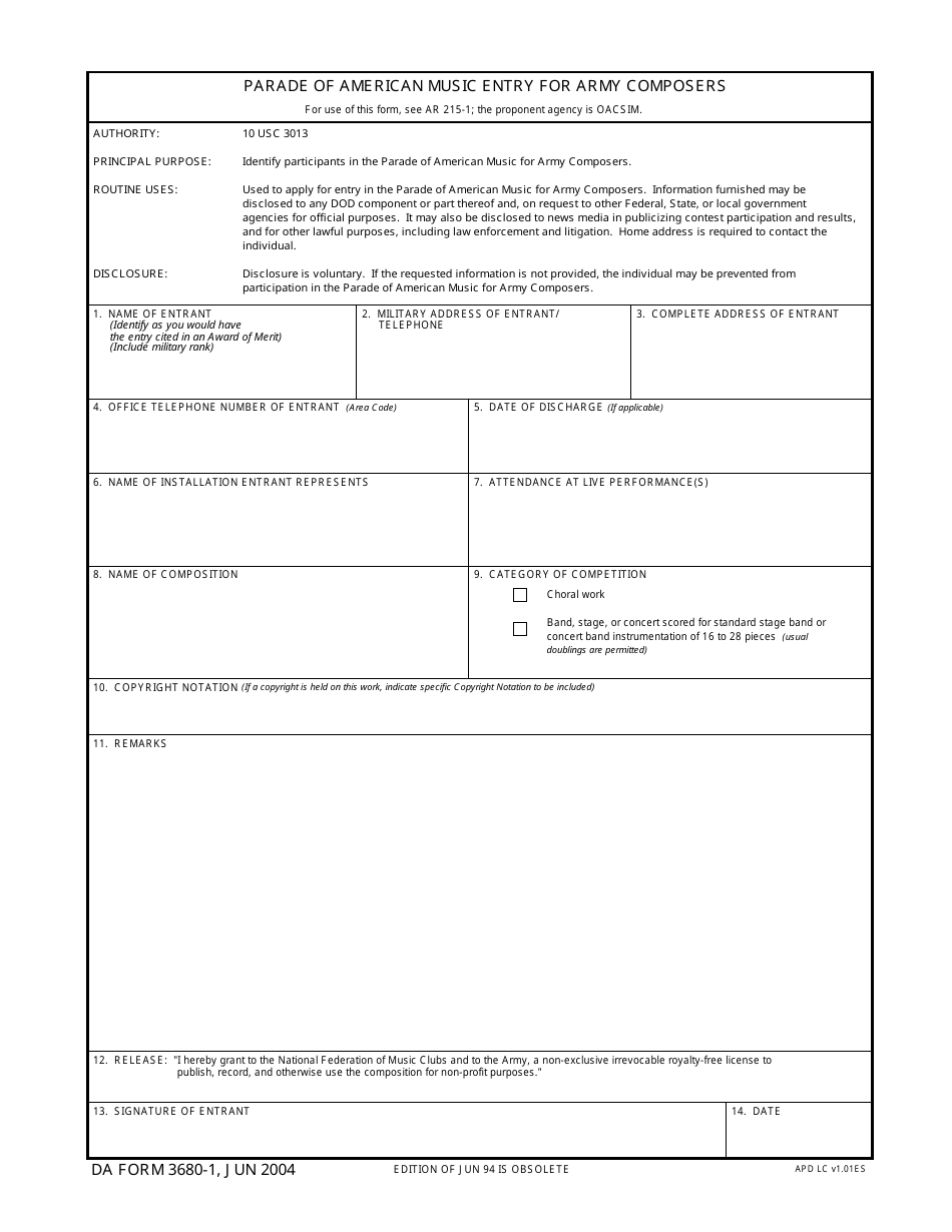 DA Form 3680-1 Parade of American Music Entry for Army Composers, Page 1
