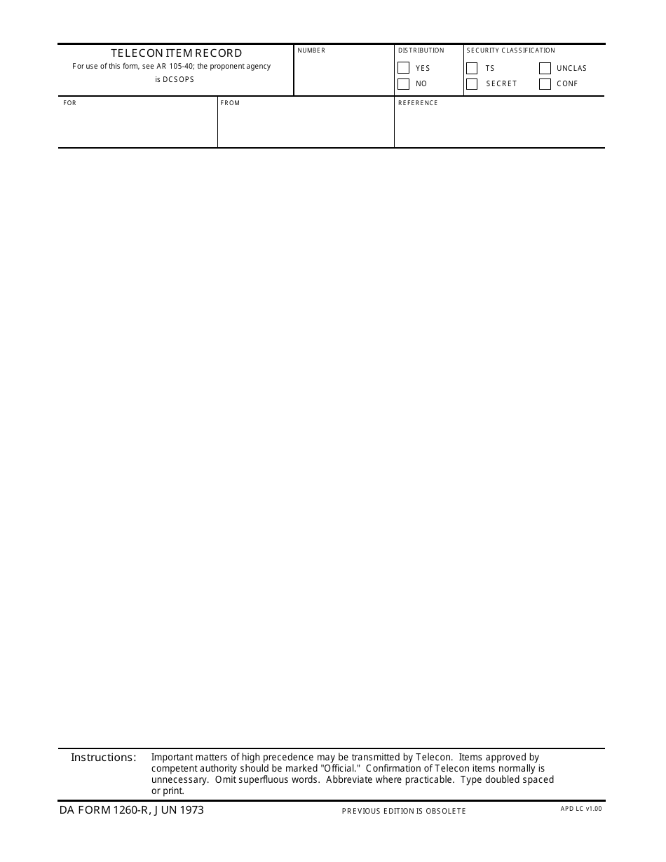 DA Form 1260-R Telecon Item (LRA), Page 1