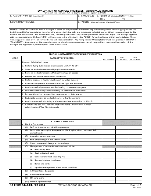 DA Form 5441-24 Evaluation of Clinical Privileges - Aerospace Medicine