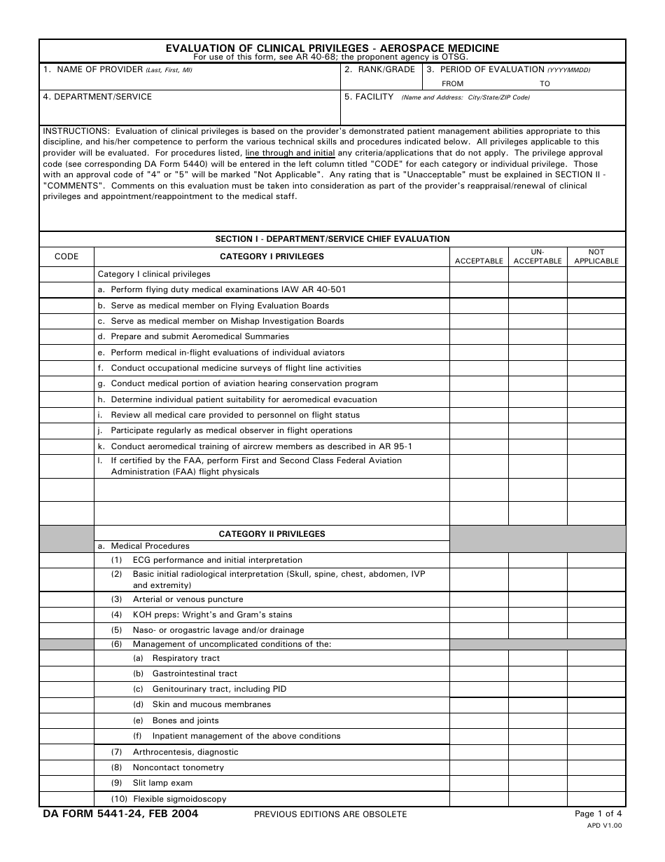 DA Form 5441-24 Evaluation of Clinical Privileges - Aerospace Medicine, Page 1