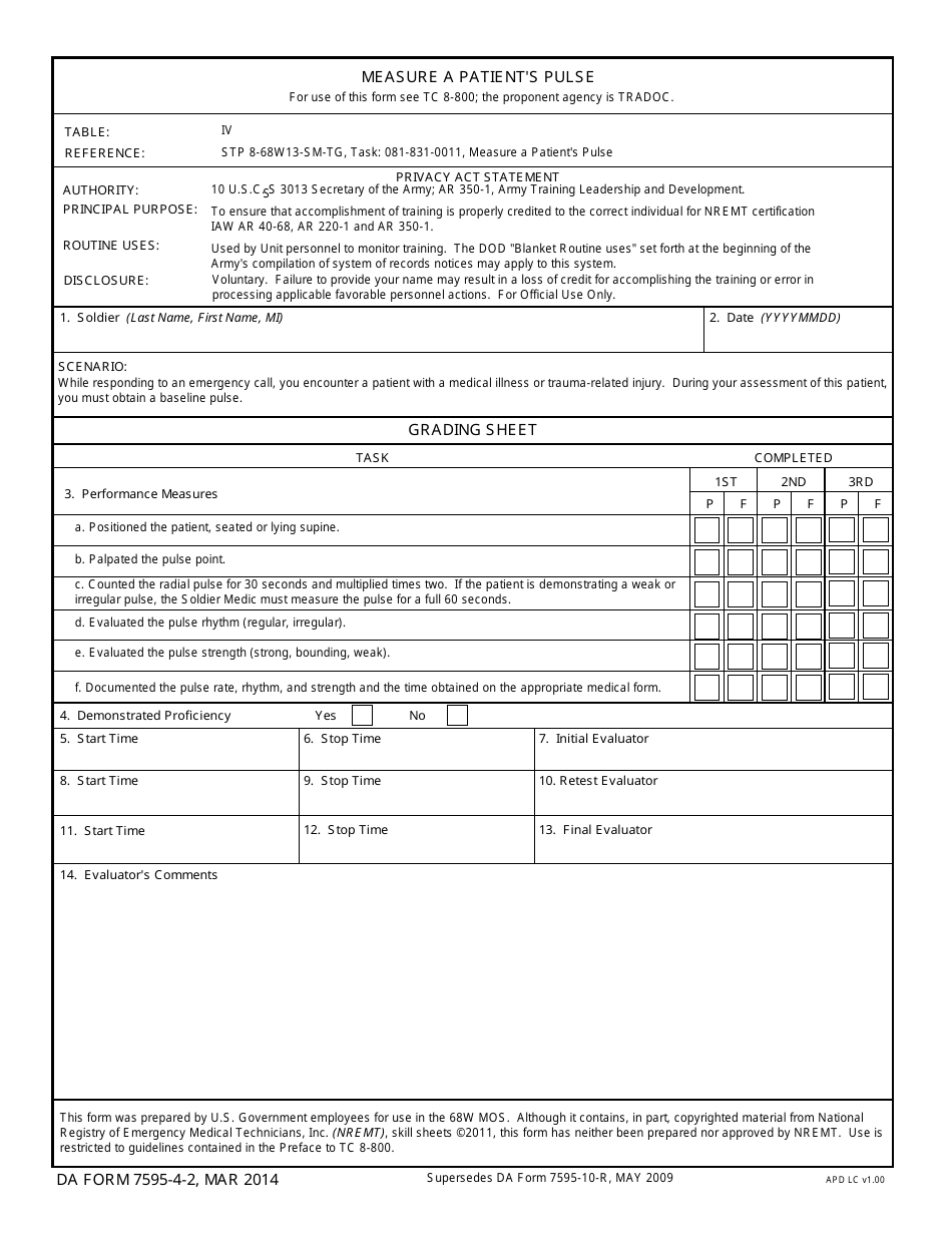 DA Form 7595-4-2 Measure a Patients Pulse, Page 1