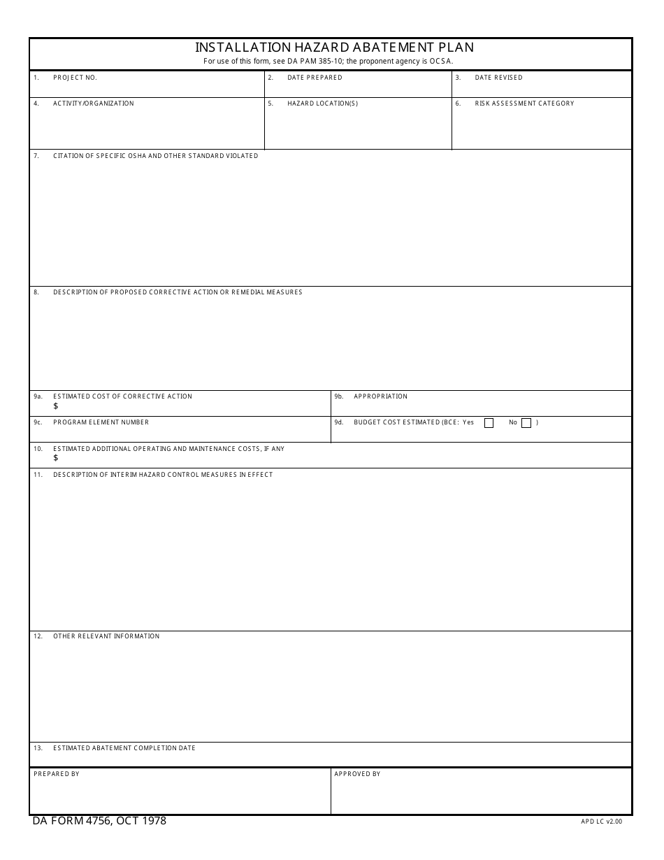 DA Form 4756 Installation Hazard Abatement Plan, Page 1
