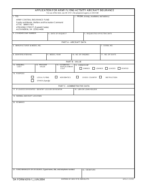 DA Form 4316-1  Printable Pdf
