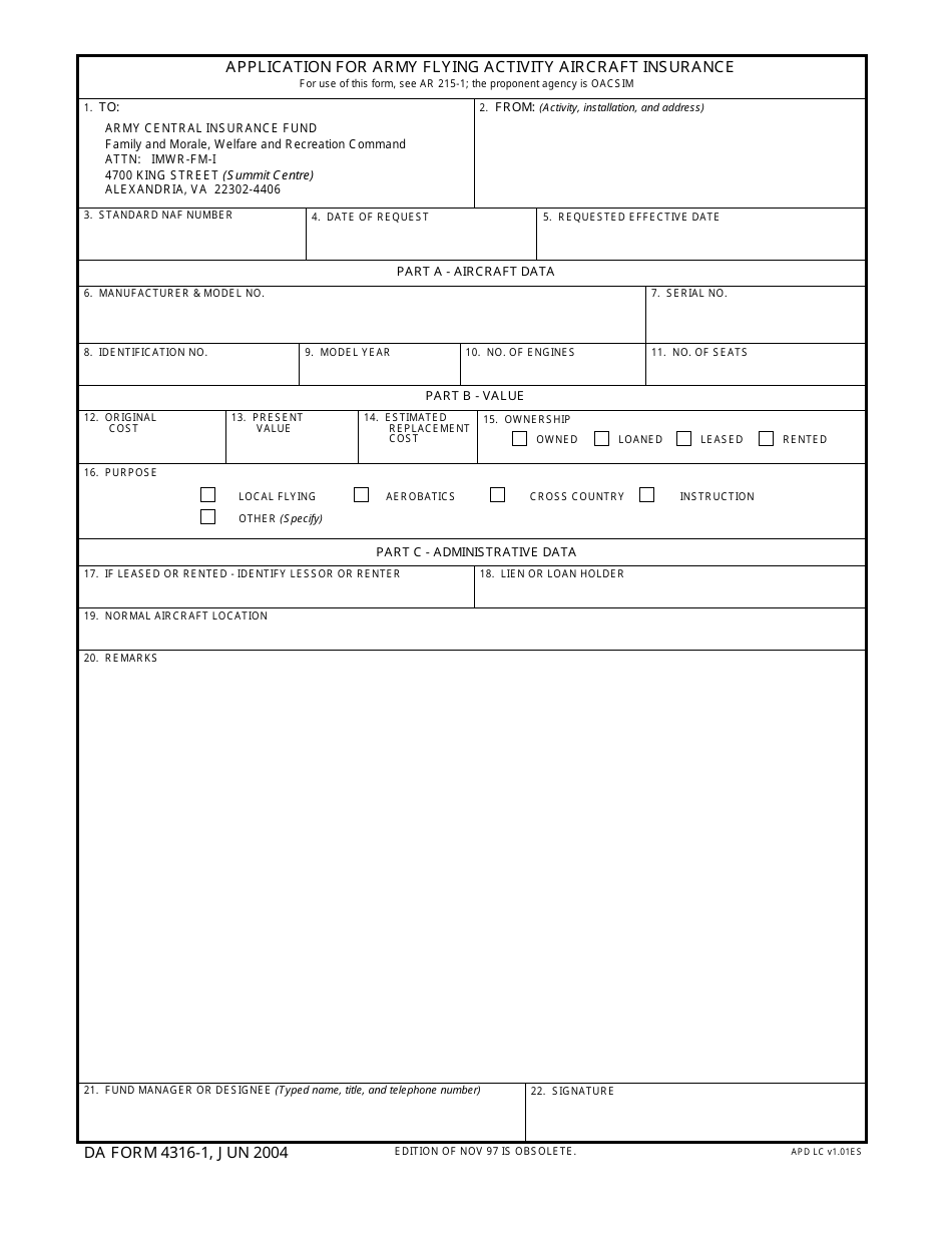 DA Form 4316-1 Application for Army Flying Activity Aircraft Insurance, Page 1