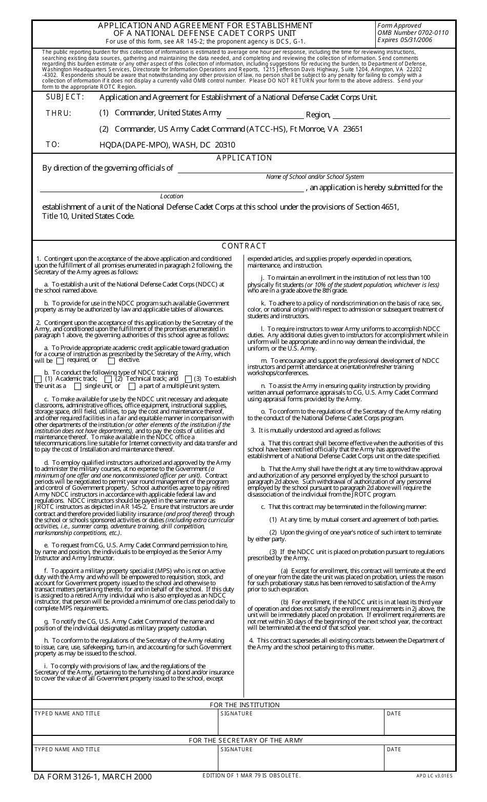 DA Form 3126-1 Application and Agreement for Establishment of a National Defense Cadet Corps Unit (Si Milpercen), Page 1