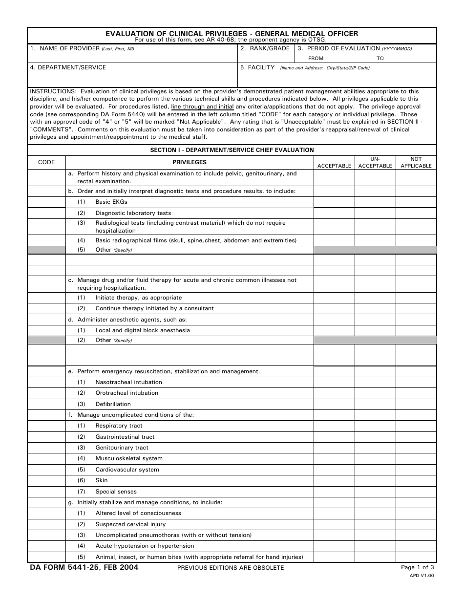 DA Form 5441-25 Evaluation of Clinical Privileges - General Medical Officer, Page 1