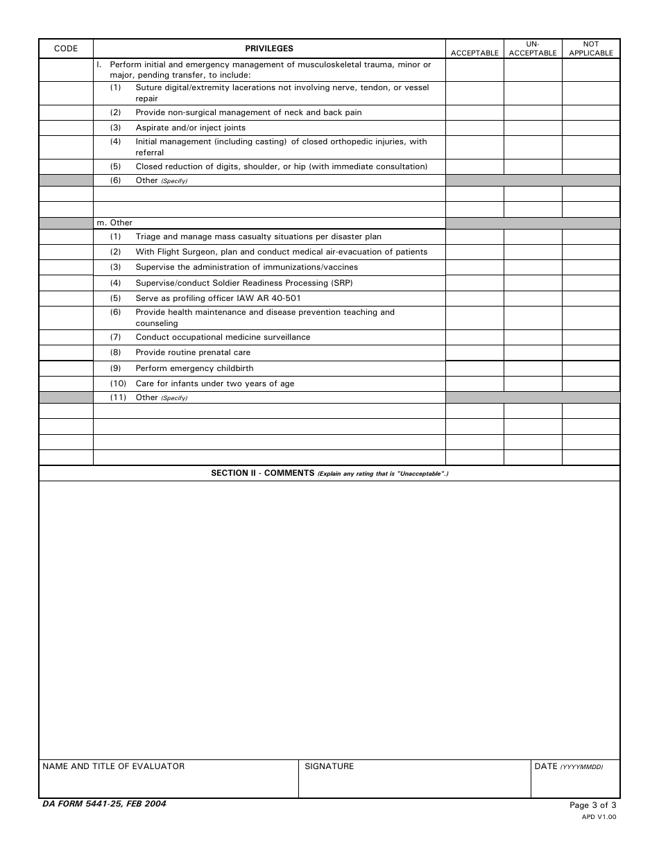 DA Form 5441-25 Evaluation of Clinical Privileges - General Medical Officer, Page 3