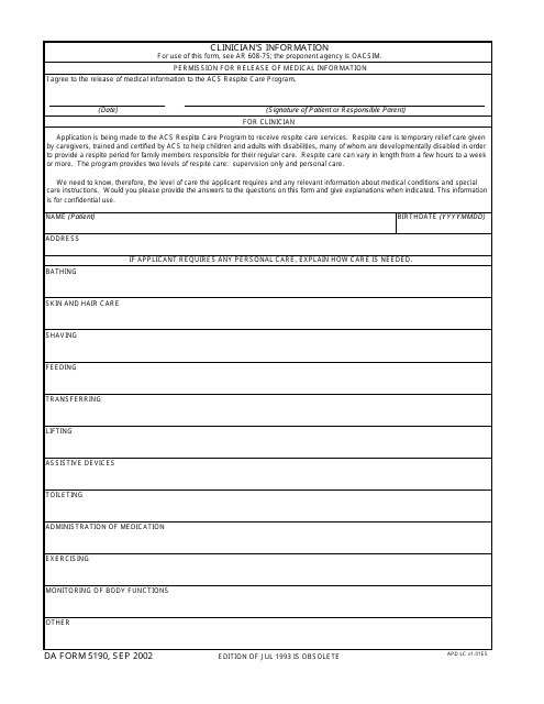 DA Form 5190  Printable Pdf