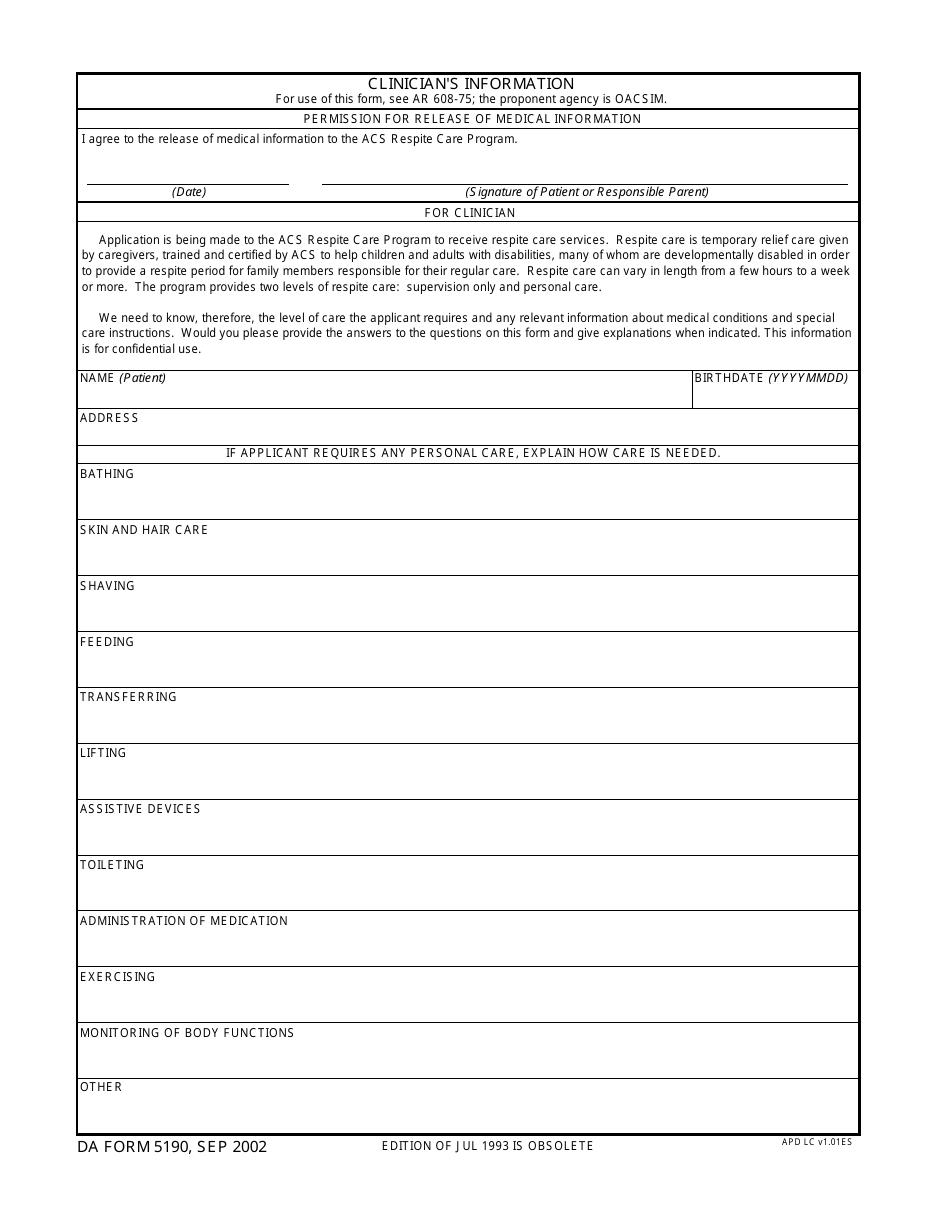 DA Form 5190 Clinicians Information, Page 1
