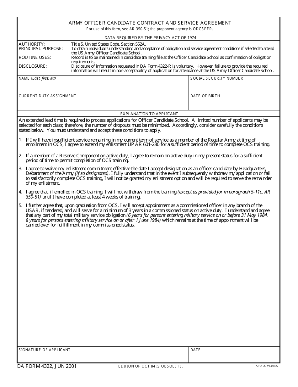 DA Form 4322 Army Officer Candidate Contract and Service Agreement, Page 1