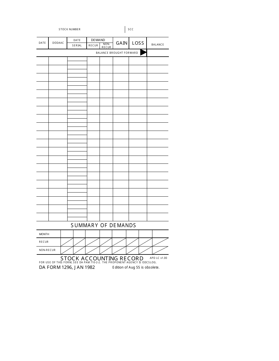 DA Form 1296 Stock Accounting Record, Page 1