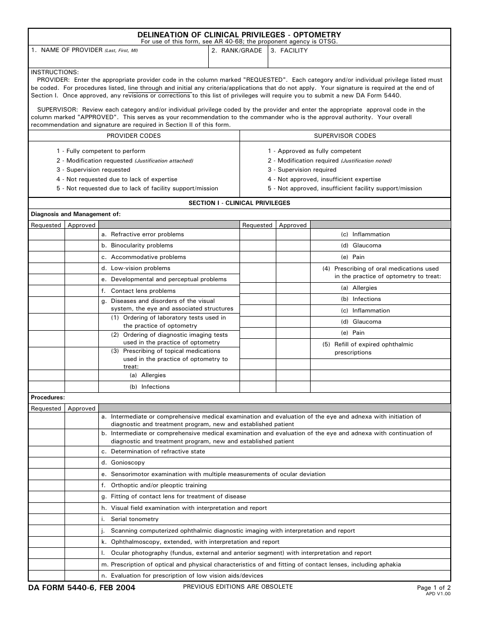 DA Form 5440-6 Delineation of Clinical Privileges-Optometry Service, Page 1
