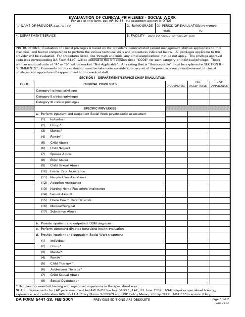 DA Form 5441-28 Evaluation of Clinical Privileges - Social Work