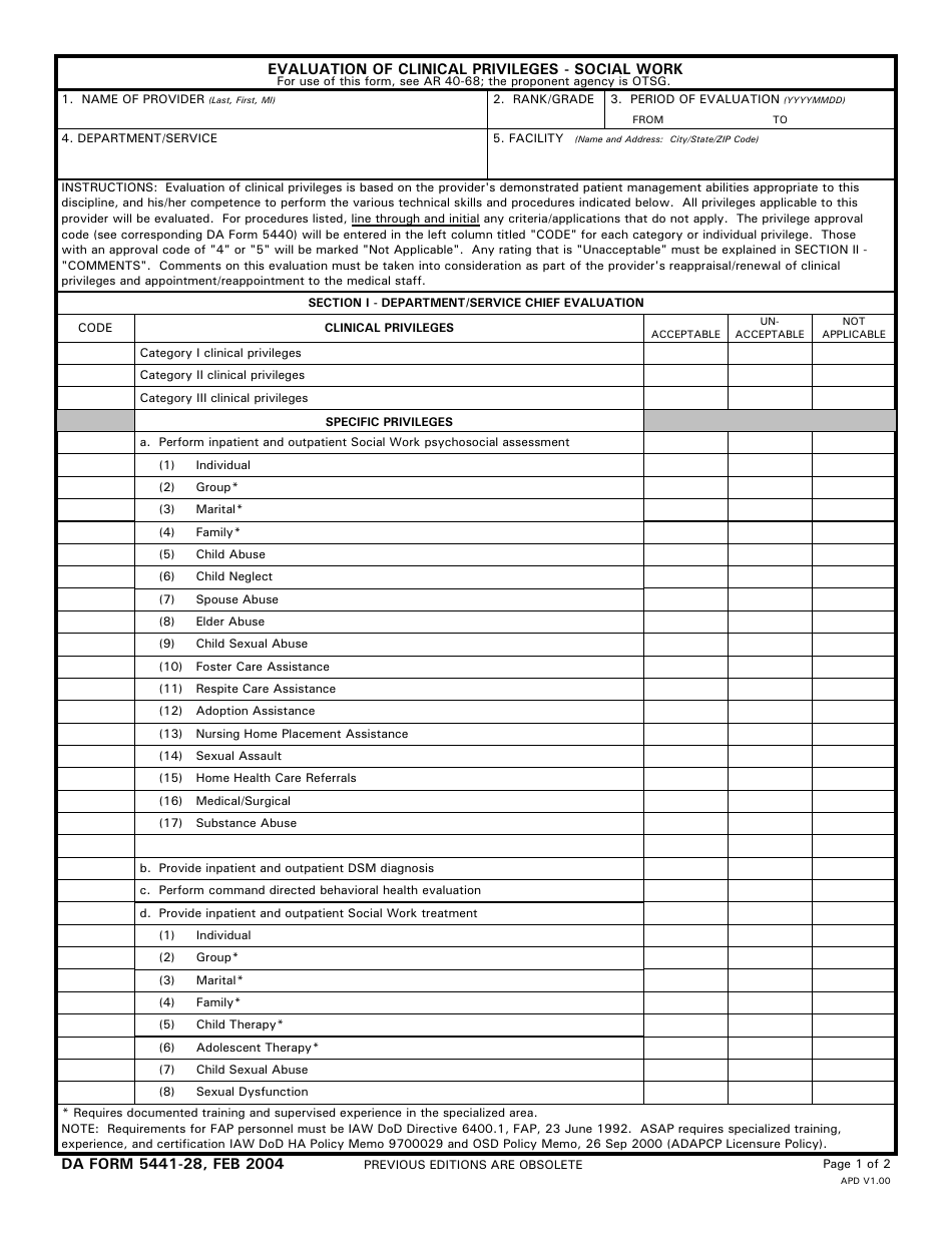 DA Form 5441-28 Evaluation of Clinical Privileges - Social Work, Page 1