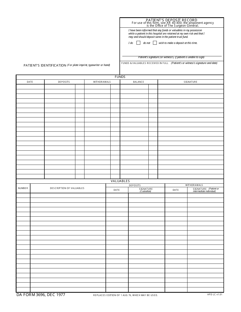 DA Form 3696 Patients Deposit Record, Page 1