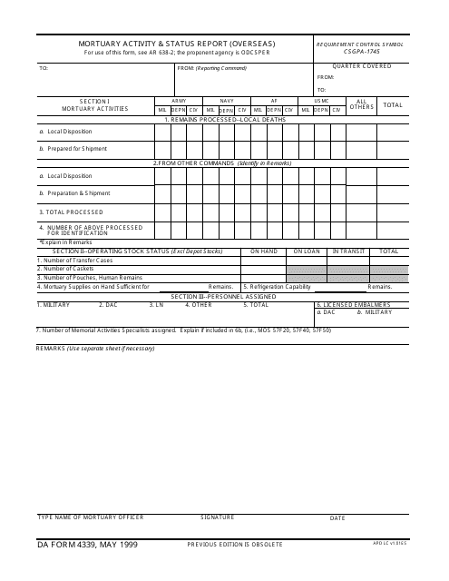 DA Form 4339 Download Fillable PDF Or Fill Online Mortuary Activity And 