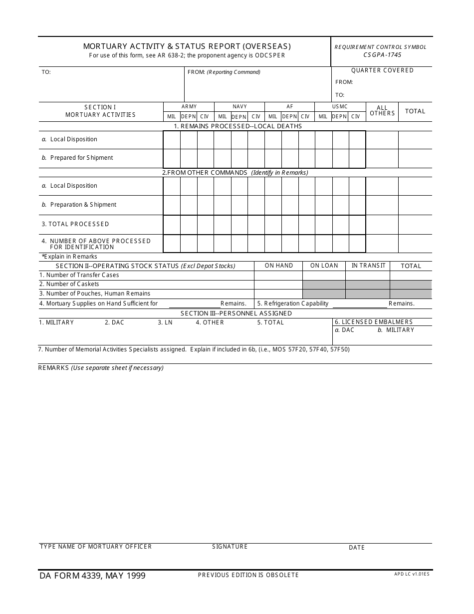 DA Form 4339 Mortuary Activity and Status Report (Overseas), Page 1