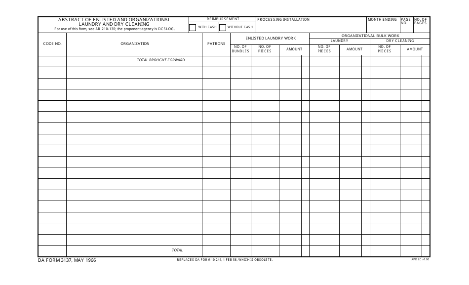 DA Form 3137 Abstract of Enlisted and Organizational Laundry and Dry Cleaning, Page 1