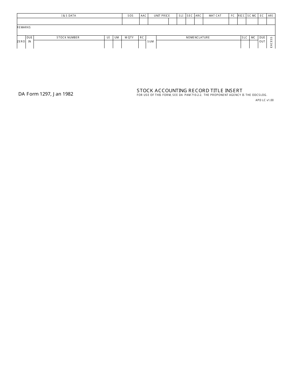 DA Form 1297 Stock Accounting Record Title Insert, Page 1