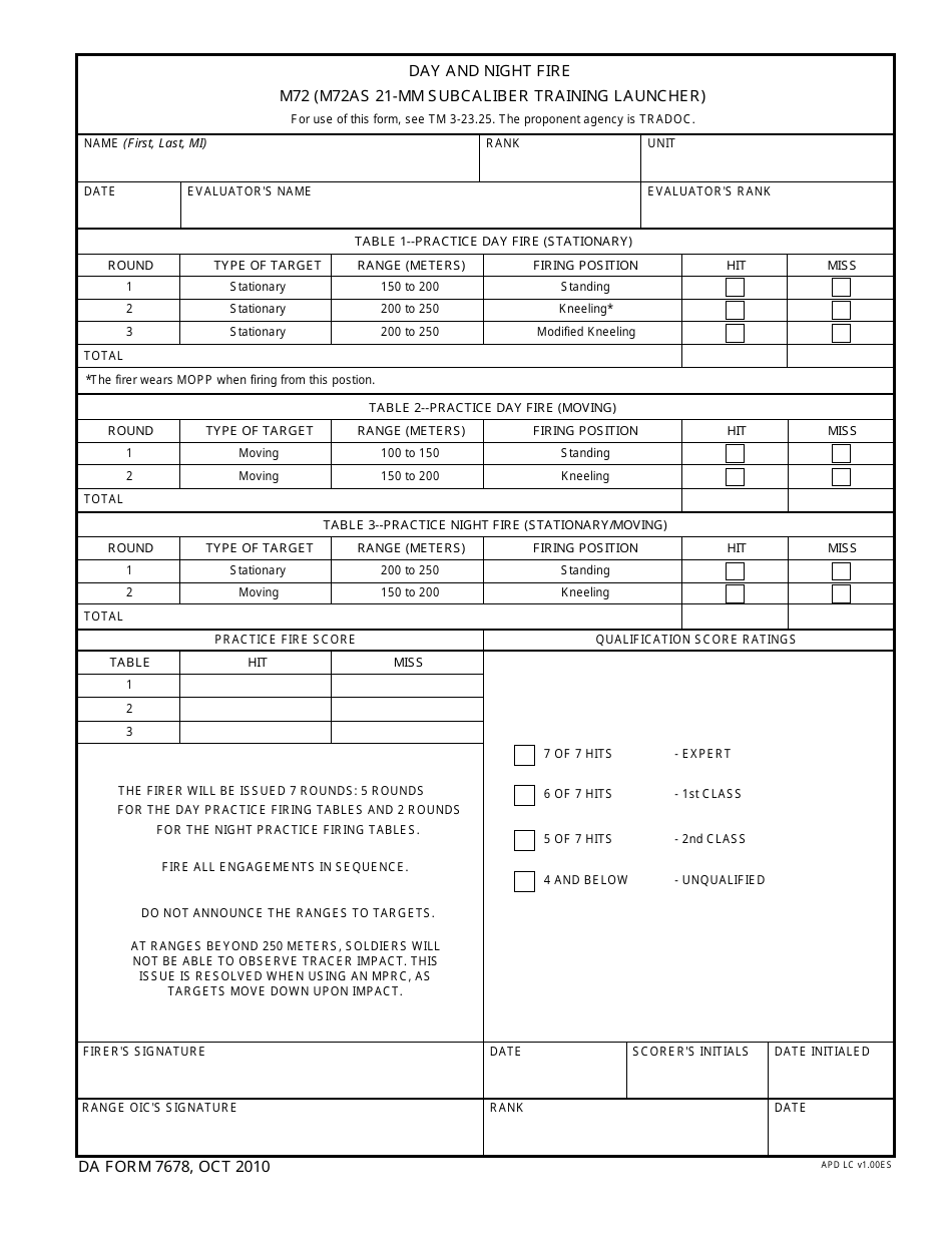 DA Form 7678 Download Fillable PDF or Fill Online Day and Night Fire M72  (M72as 21-mm Subcaliber Training Launcher) | Templateroller