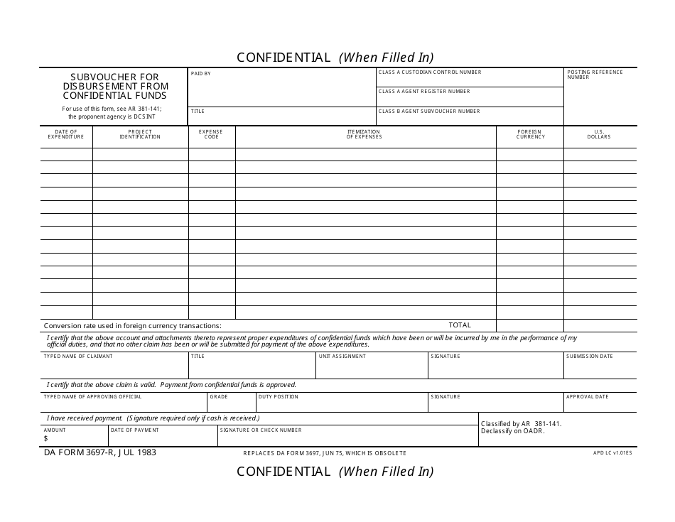 DA Form 3697-R Subvoucher for Distribution From Confidential Funds, Page 1