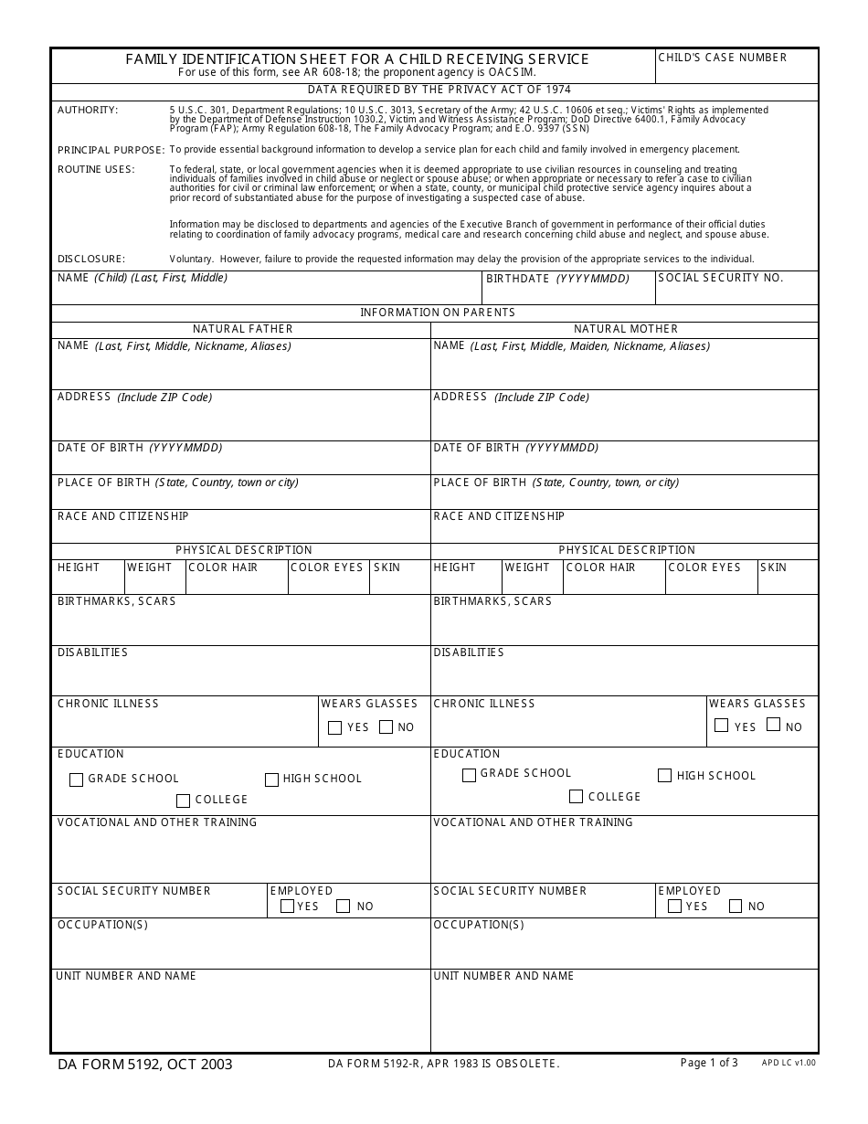 DA Form 5192 Family Identification Sheet for a Child Receiving Service, Page 1