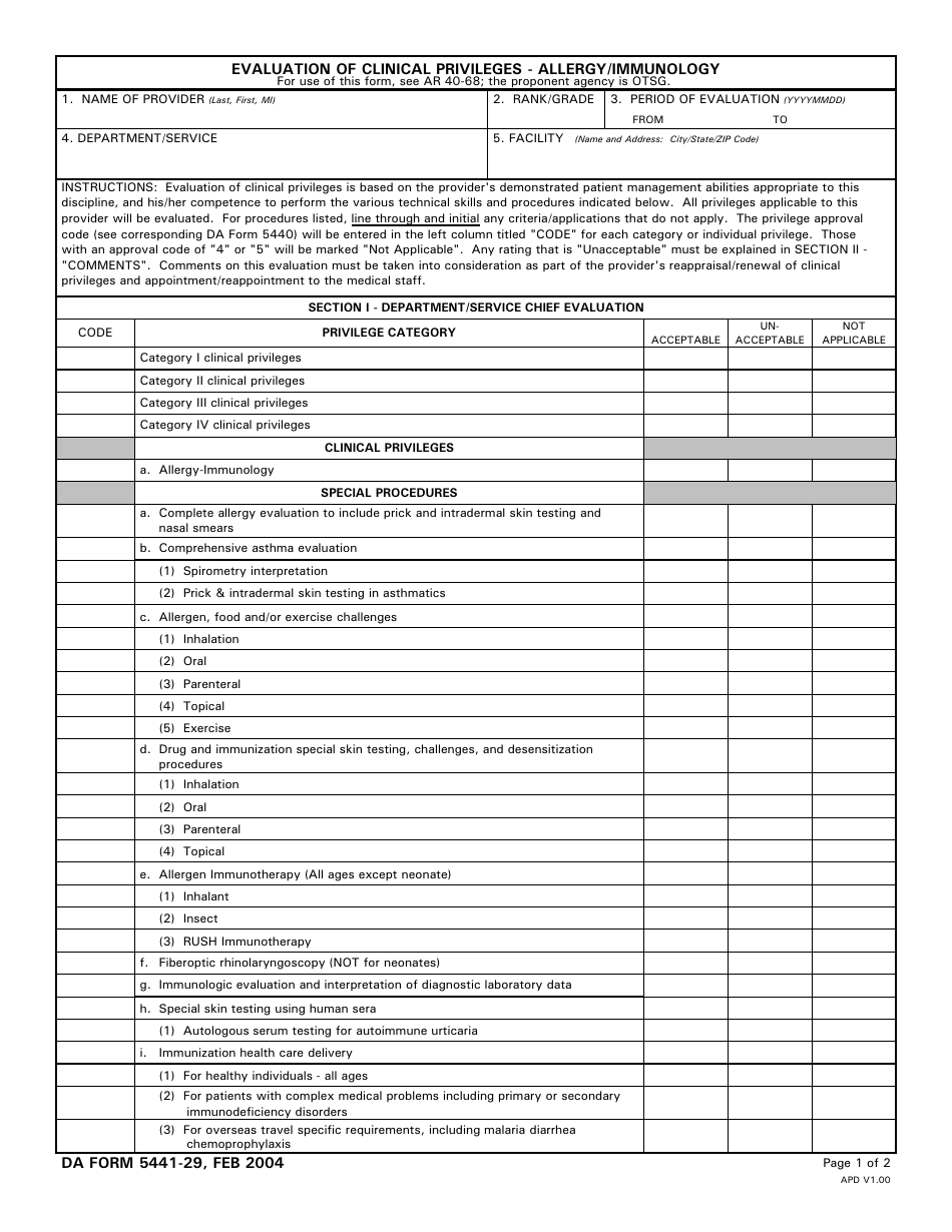 DA Form 5441-29 Evaluation of Clinical Privileges - Allergy / Immunology, Page 1