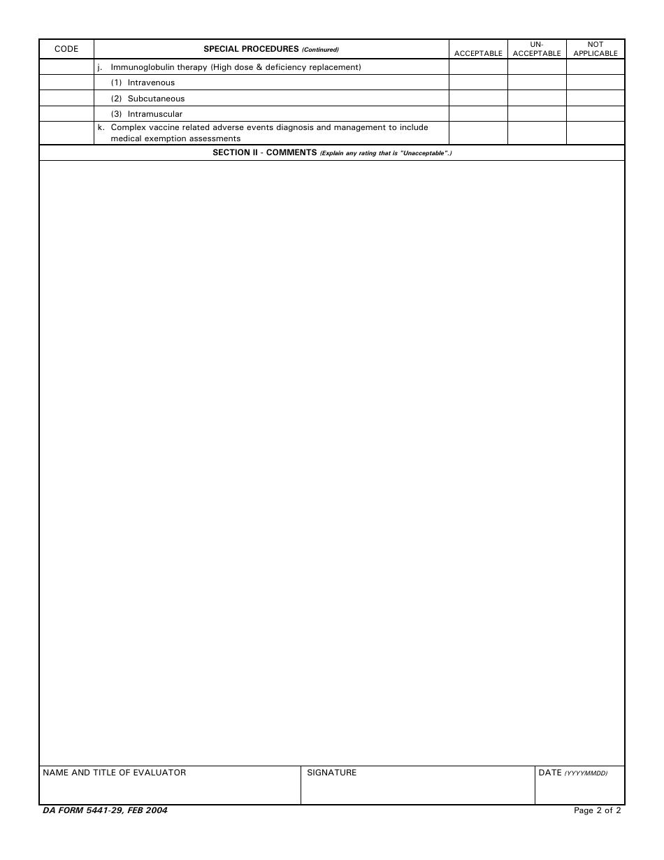 DA Form 5441-29 Evaluation of Clinical Privileges - Allergy / Immunology, Page 2