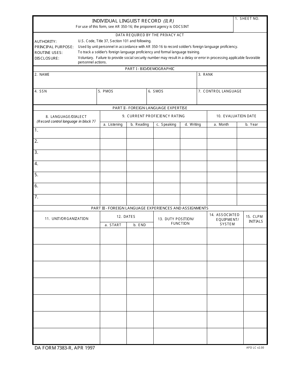 DA Form 7383-R Individual Linguist Record (Ilr) (LRA), Page 1