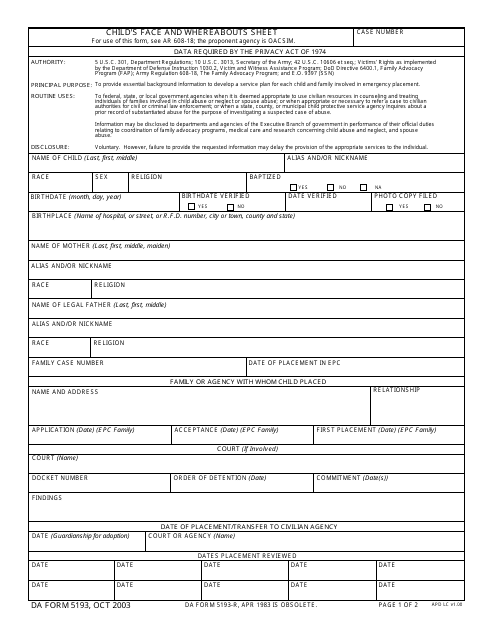 DA Form 5193 Child's Face and Whereabouts Sheet