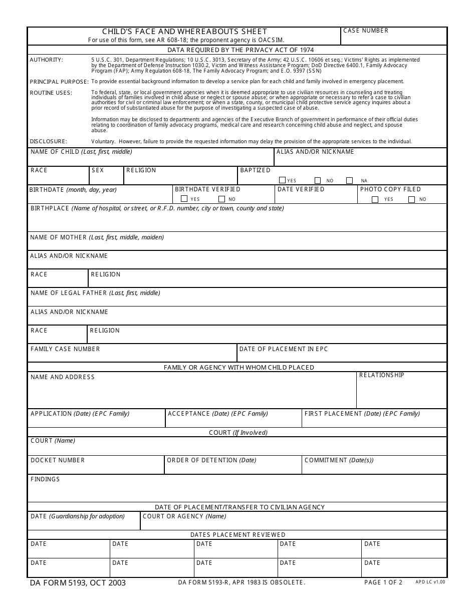 DA Form 5193 Childs Face and Whereabouts Sheet, Page 1